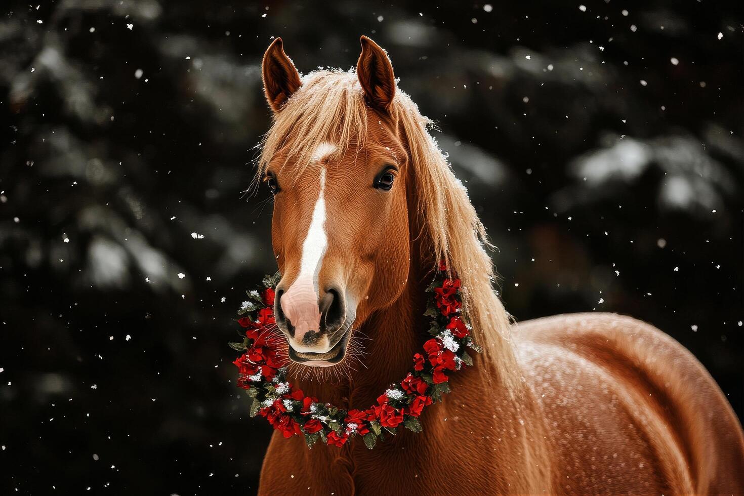 Horse Adorned With Floral Wreath in Snowy Winter Setting During Daytime. photo