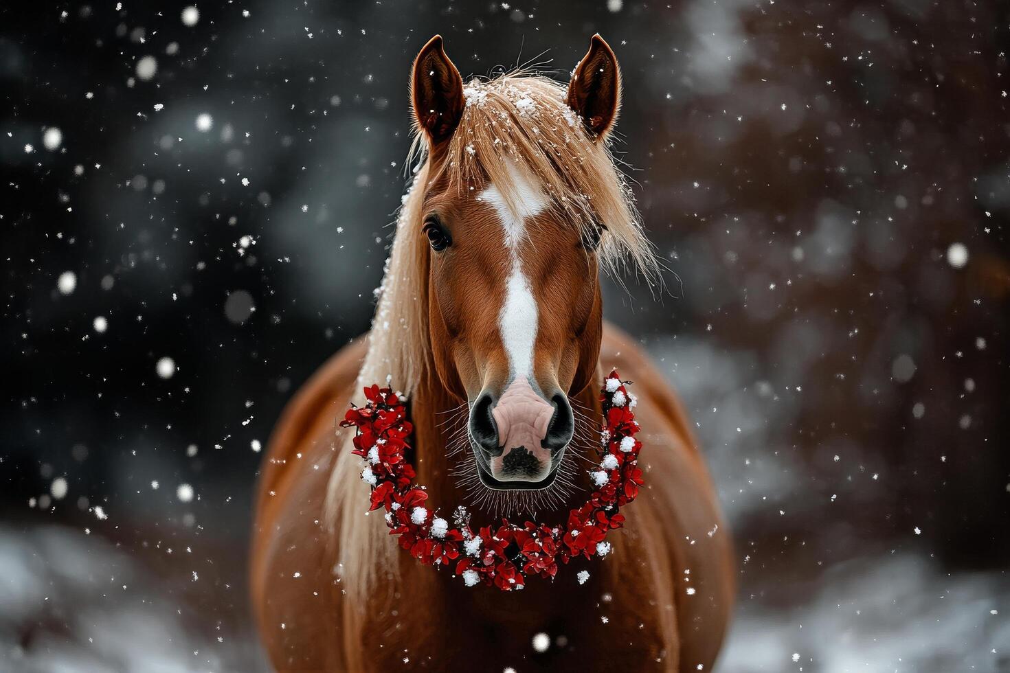 Beautiful Horse With a Festive Wreath in a Snowy Forest During Wintertime photo