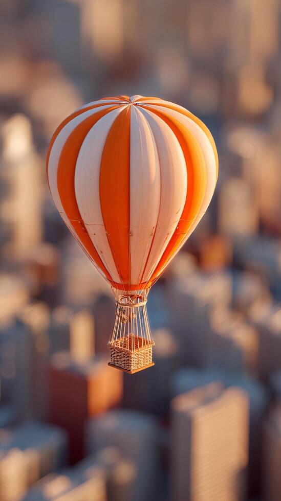 Colorful Hot Air Balloon Floats Over Cityscape at Sunrise Creating a Picturesque Aerial View photo