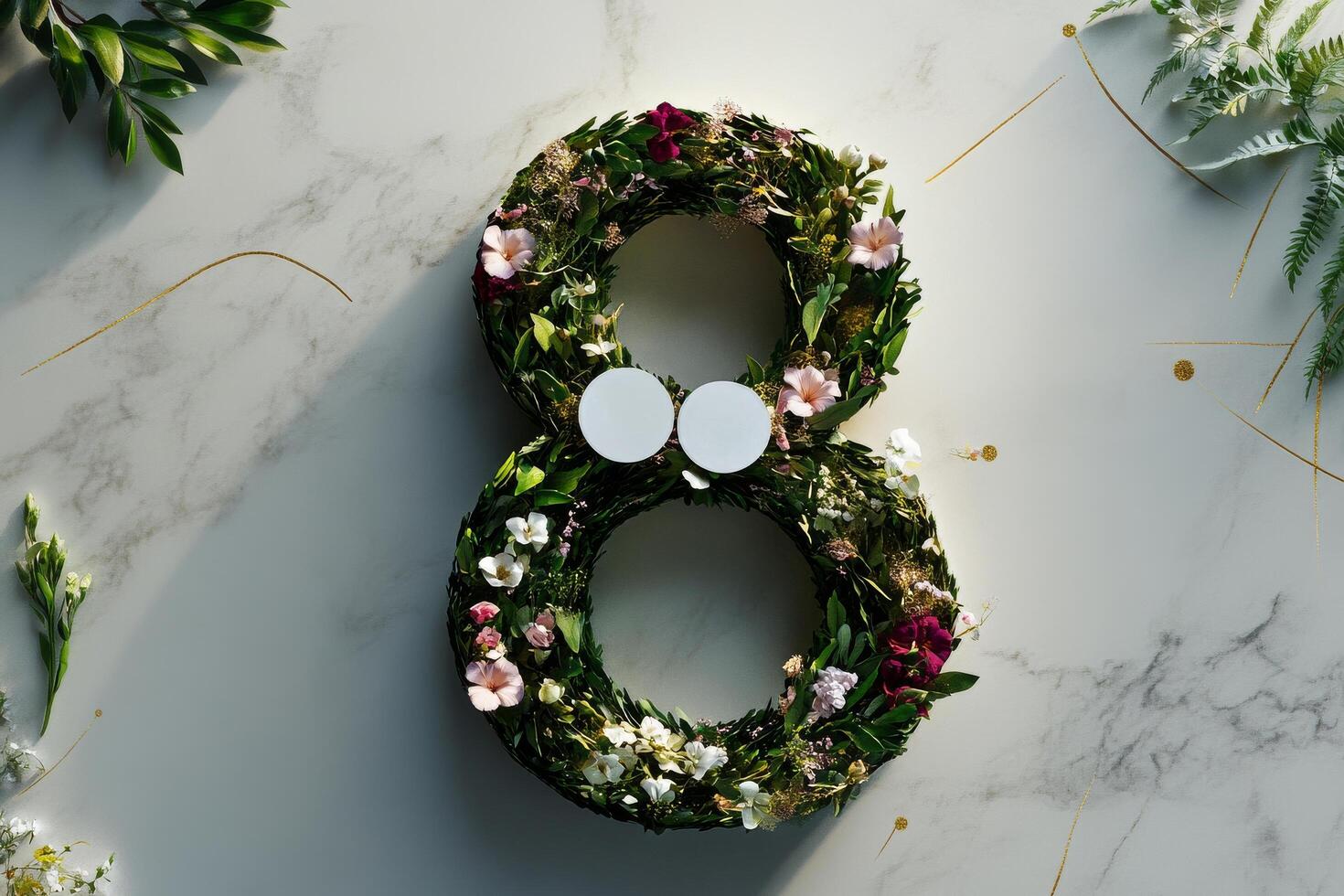 Floral Arrangement Showcasing the Number Eight Surrounded by Various Greenery and Flowers. photo