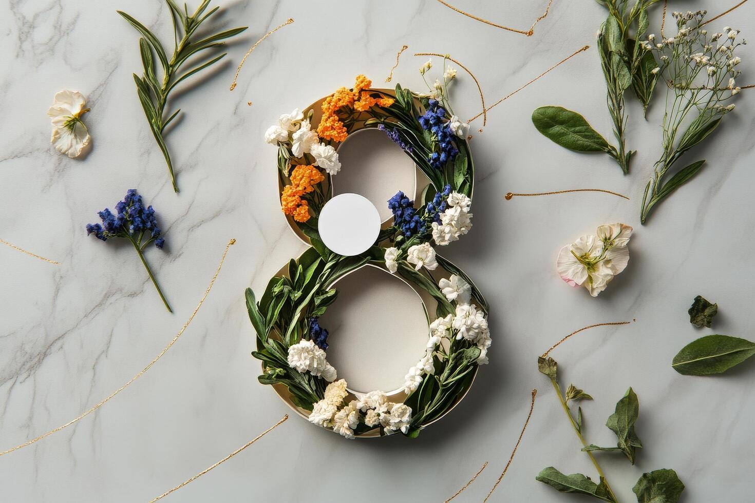 Floral Arrangement Showcasing the Number Eight Surrounded by Various Greenery and Flowers photo