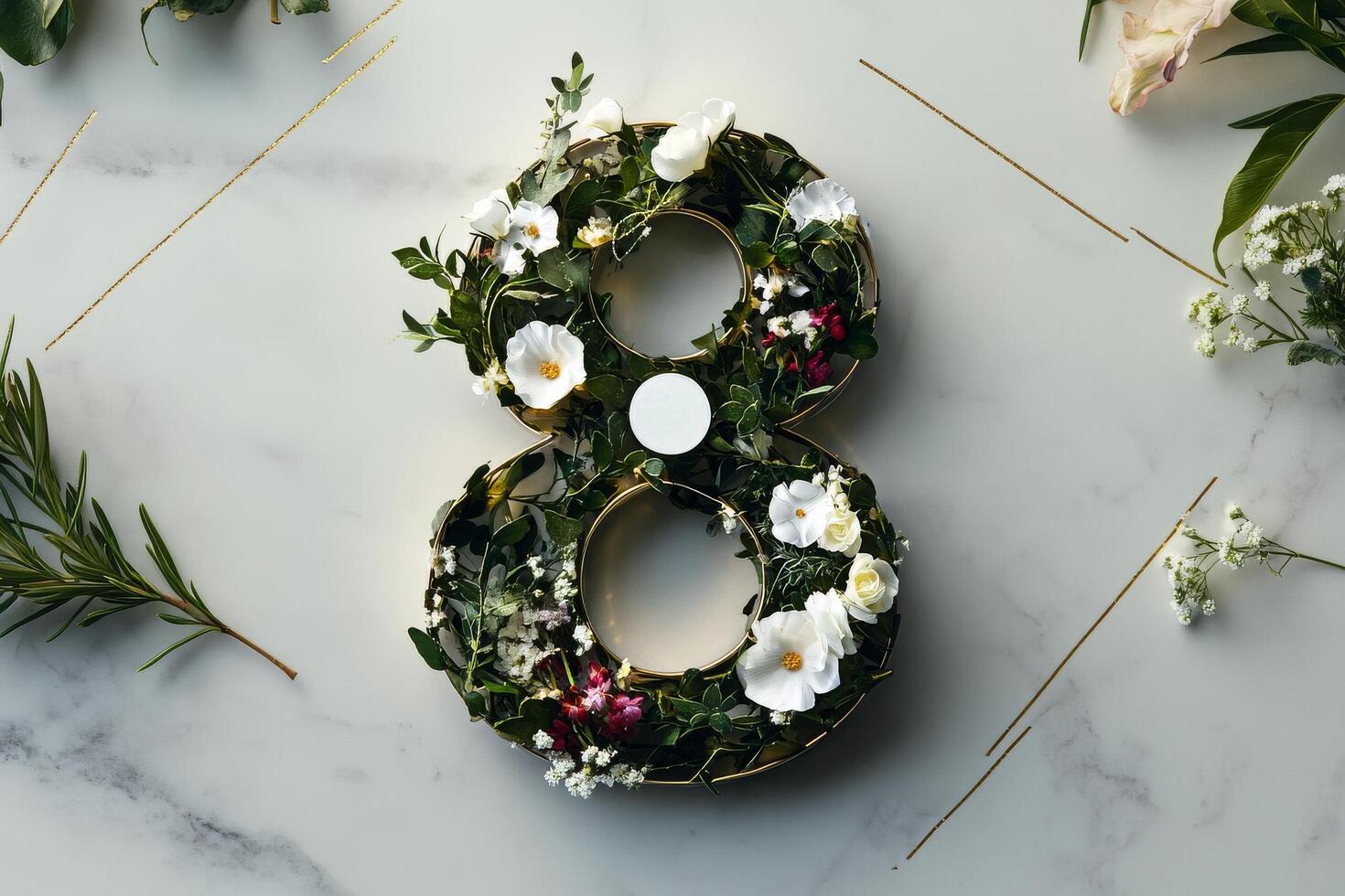 Unique Floral Arrangement, Number Eight, Made of Natural Elements on a Marble Surface. photo