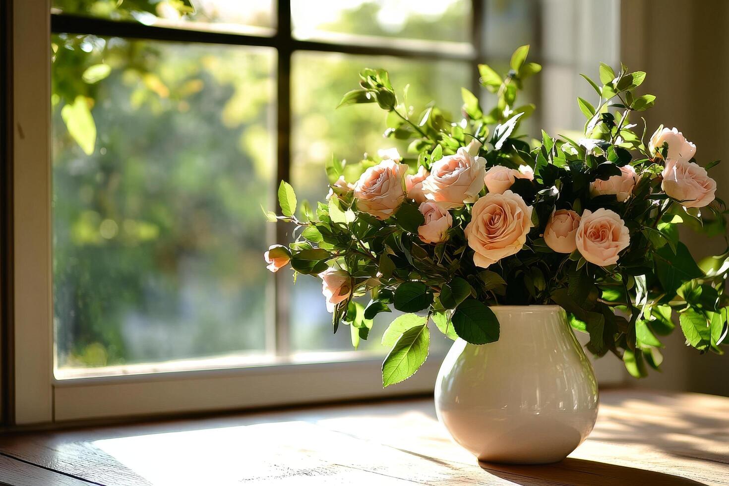 Blooming Roses in Bright Sunlight by a Window in a Serene Garden Setting. photo