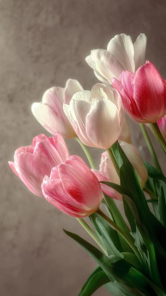 Colorful Tulips Blooming in a Serene Indoor Setting During Springtime photo