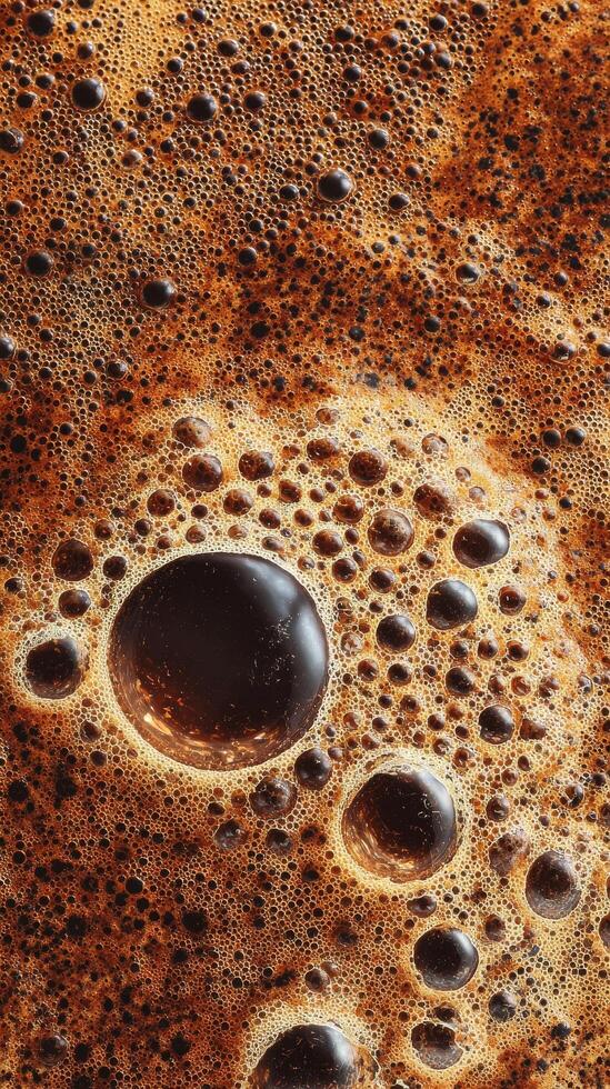 Rich Dark Coffee Foam With Bubbles Captured in Close Detail During Morning Preparation. photo
