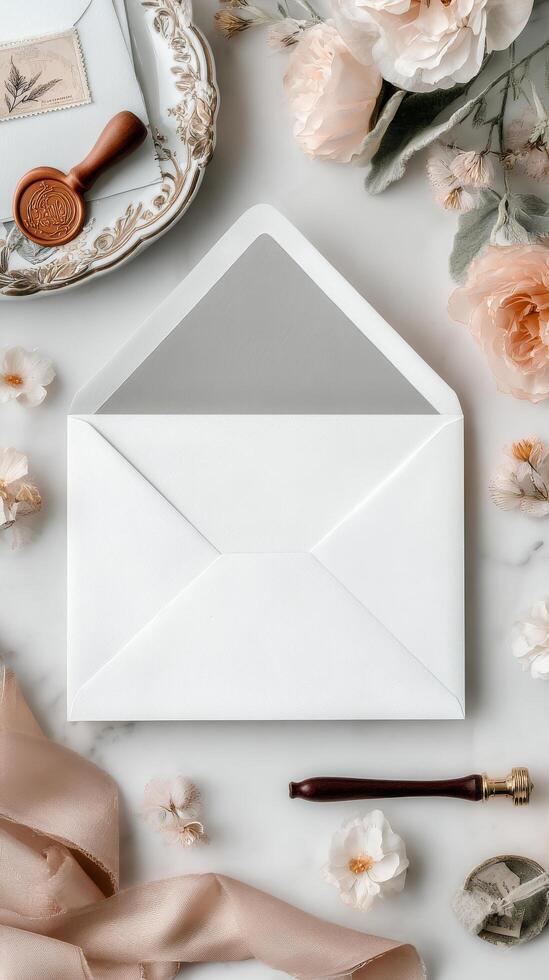 Delicate Stationery Arrangement on a Soft, Neutral Surface With Floral Accents and Elegant Details photo