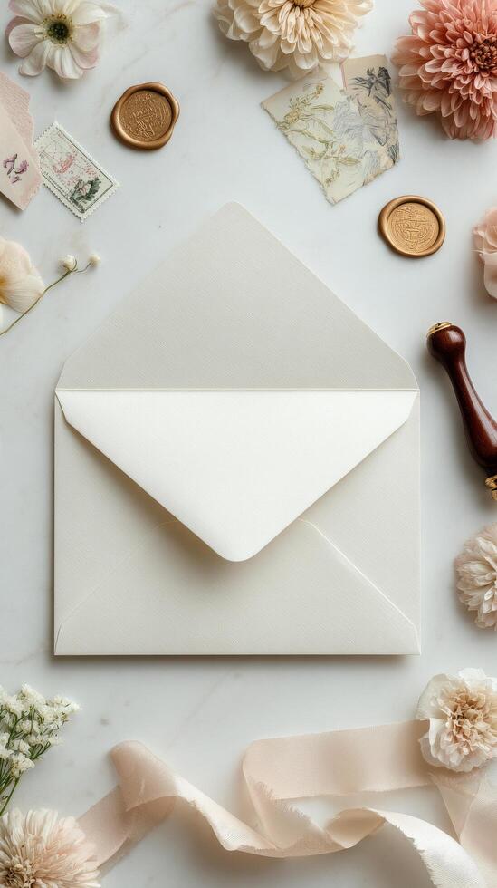 Delicate Stationery Arrangement on a Soft, Neutral Surface With Floral Accents and Elegant Details. photo