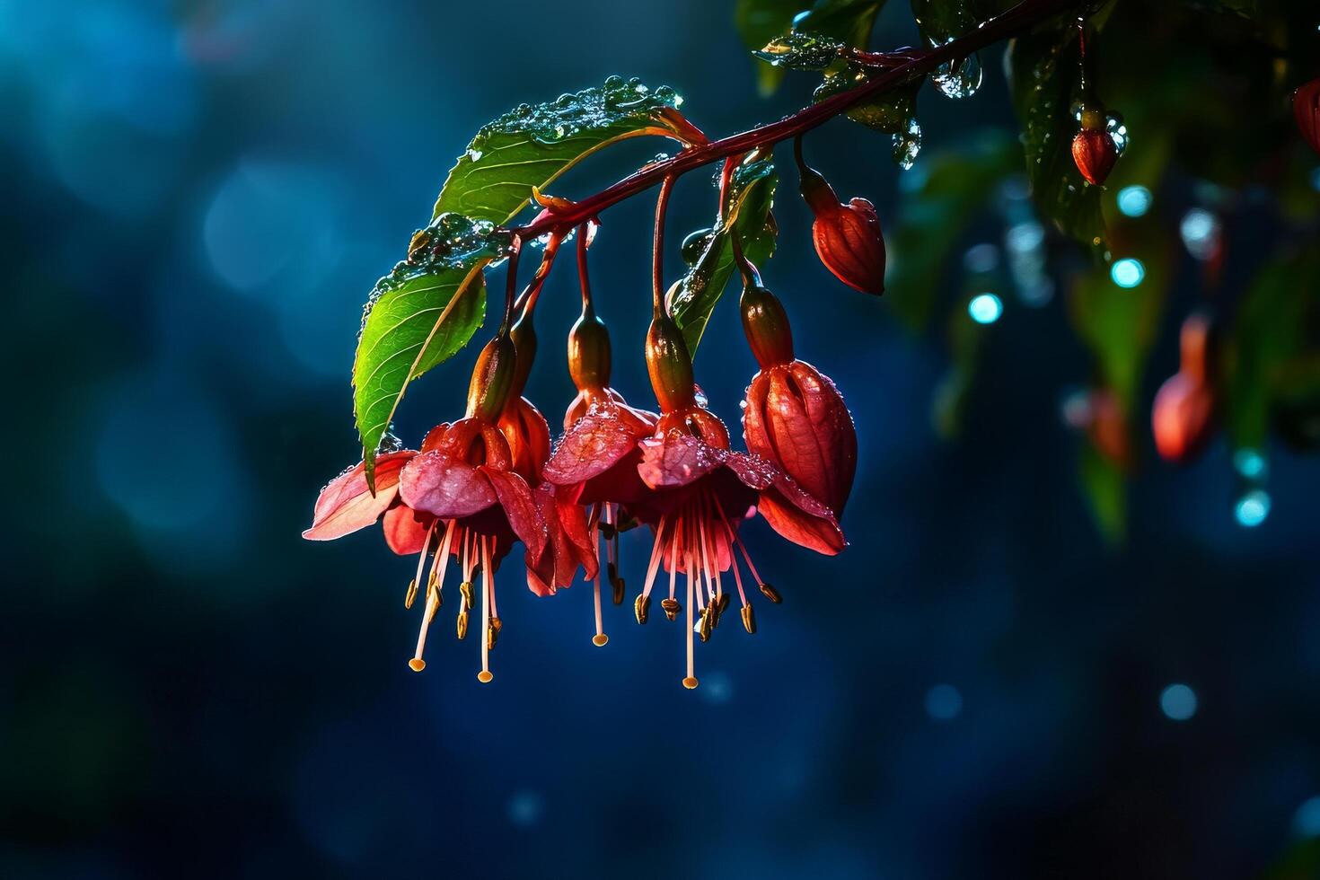 Brilliant Red Flowers Glisten in the Rain Under Moody Light in a Garden Setting. photo