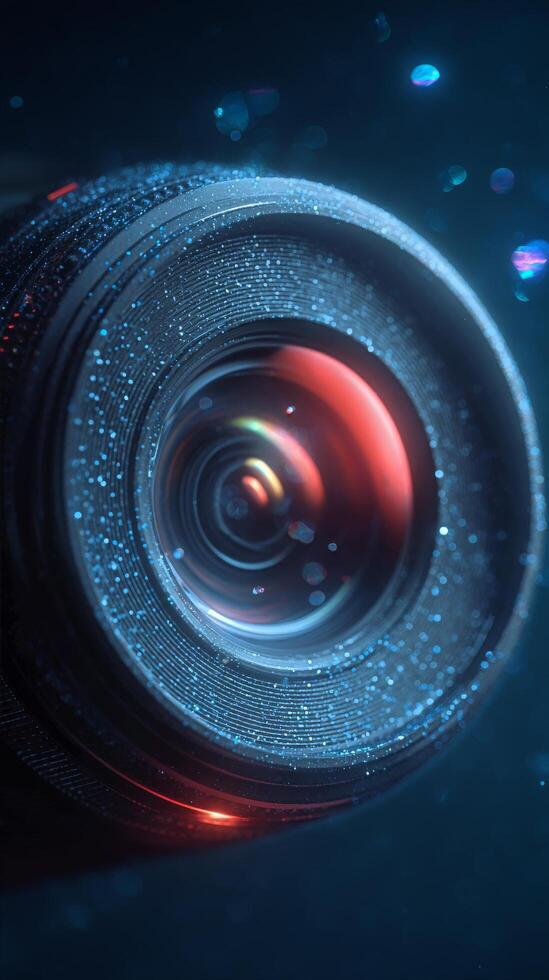 Close-up View of a Camera Lens With Reflective Surface and Shimmering Details in Dark Background photo