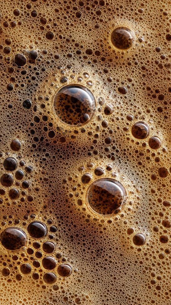 Close up of Frothy Coffee in a Glass Cup on a Wooden Table. photo