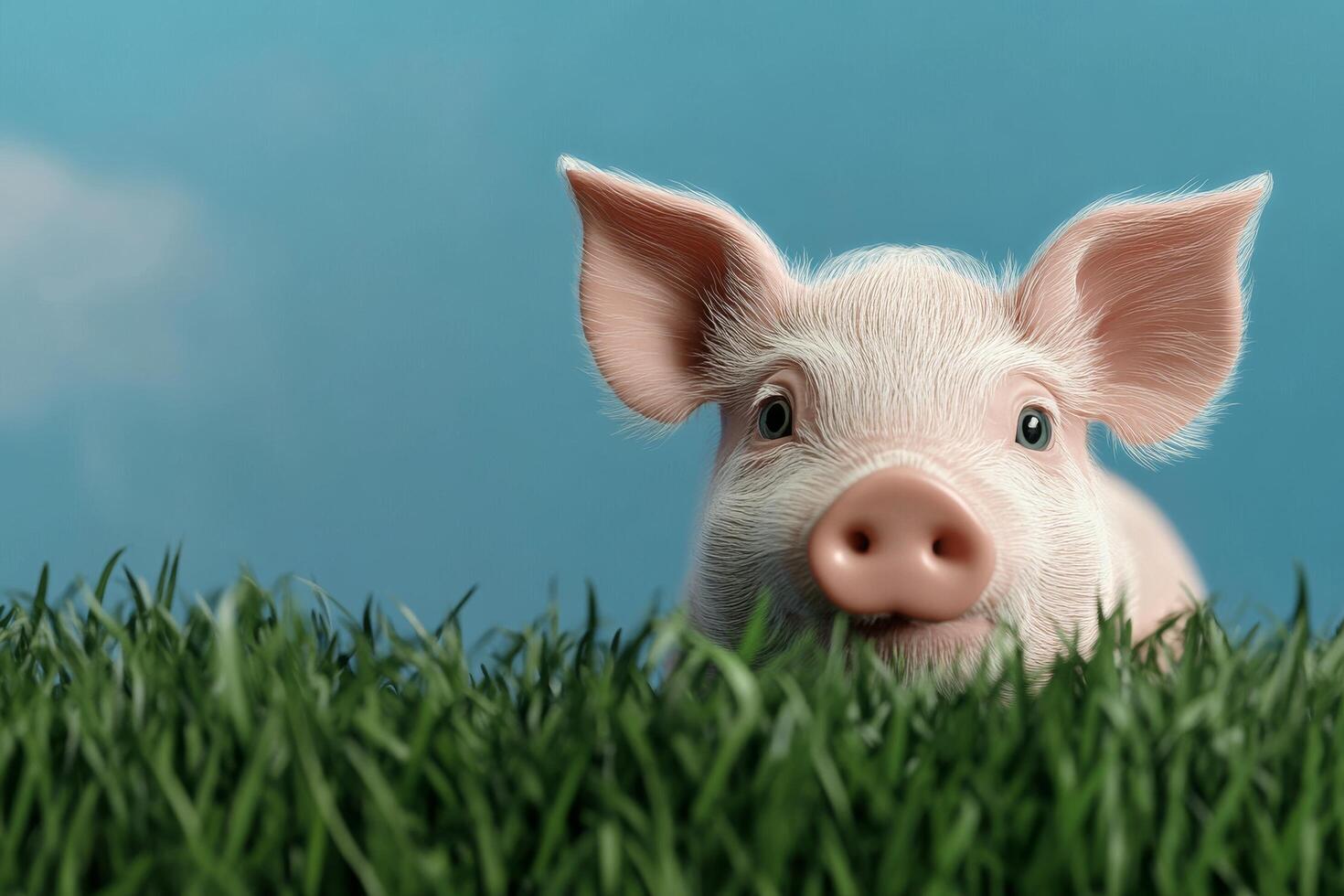Cute Piglet Enjoying a Sunny Day in a Grassy Field With Clear Blue Sky. photo