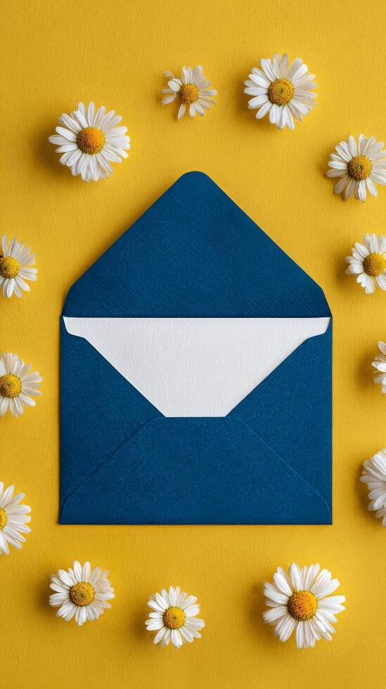 Envelope Surrounded by Daisies on Bright Yellow Background Creating a Cheerful Atmosphere for Messages. photo
