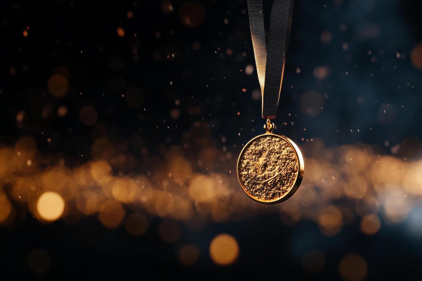 Gold Medal Hangs Suspended in Sparkling Light During a Competitive Sporting Event photo