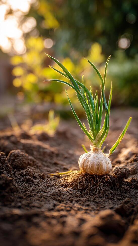 Growing Garlic in Soil With Green Shoots in a Garden Setting During the Golden Hour of Evening photo