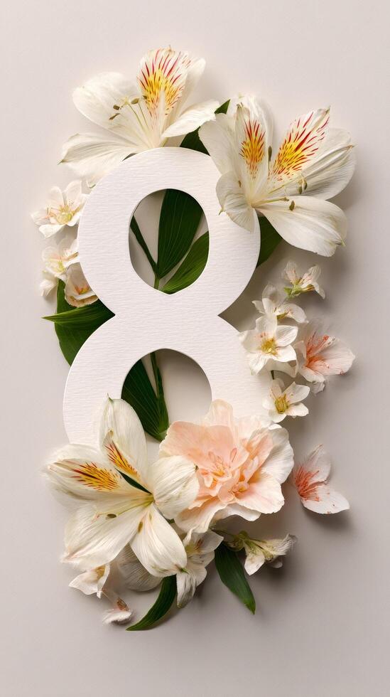 Floral Arrangement Featuring the Number Eight Against a Neutral Background in a Modern Design. photo