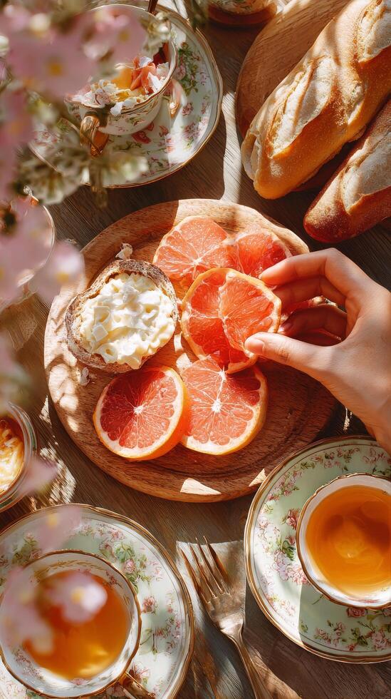 Enjoying a Delightful Brunch With Grapefruit, Cheese, and Pastries in a Sunny Outdoor Setting. photo