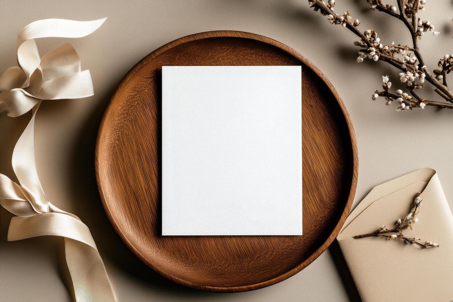 Elegant Flat Lay Featuring a Blank Card on a Wooden Plate With Decorative Elements and Ribbon photo