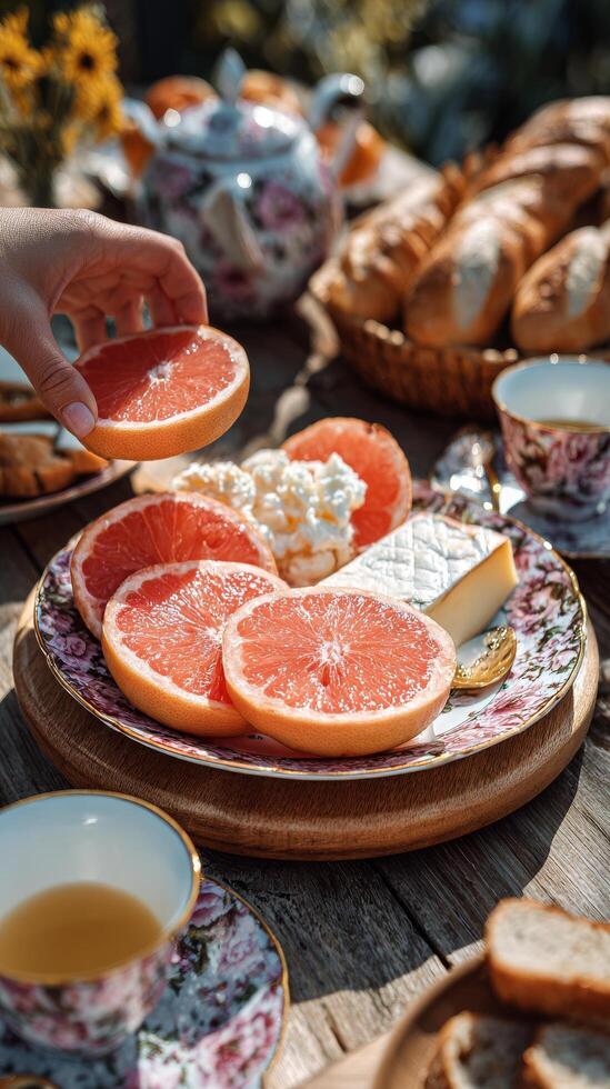 Enjoying a Delightful Brunch With Grapefruit, Cheese, and Pastries in a Sunny Outdoor Setting photo
