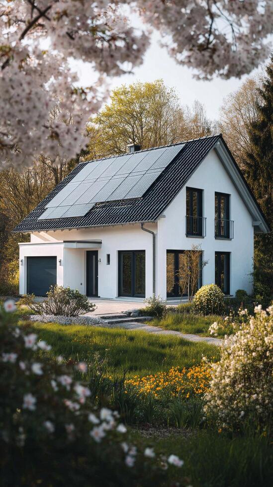 Modern White House Surrounded by Blooming Flowers in a Sunny Garden During Springtime photo