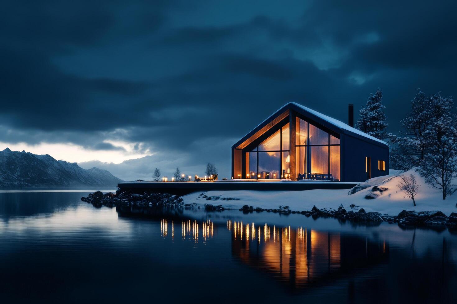 Cozy Modern Cabin Surrounded by Snow and Trees at Twilight Near a Calm Lake. photo