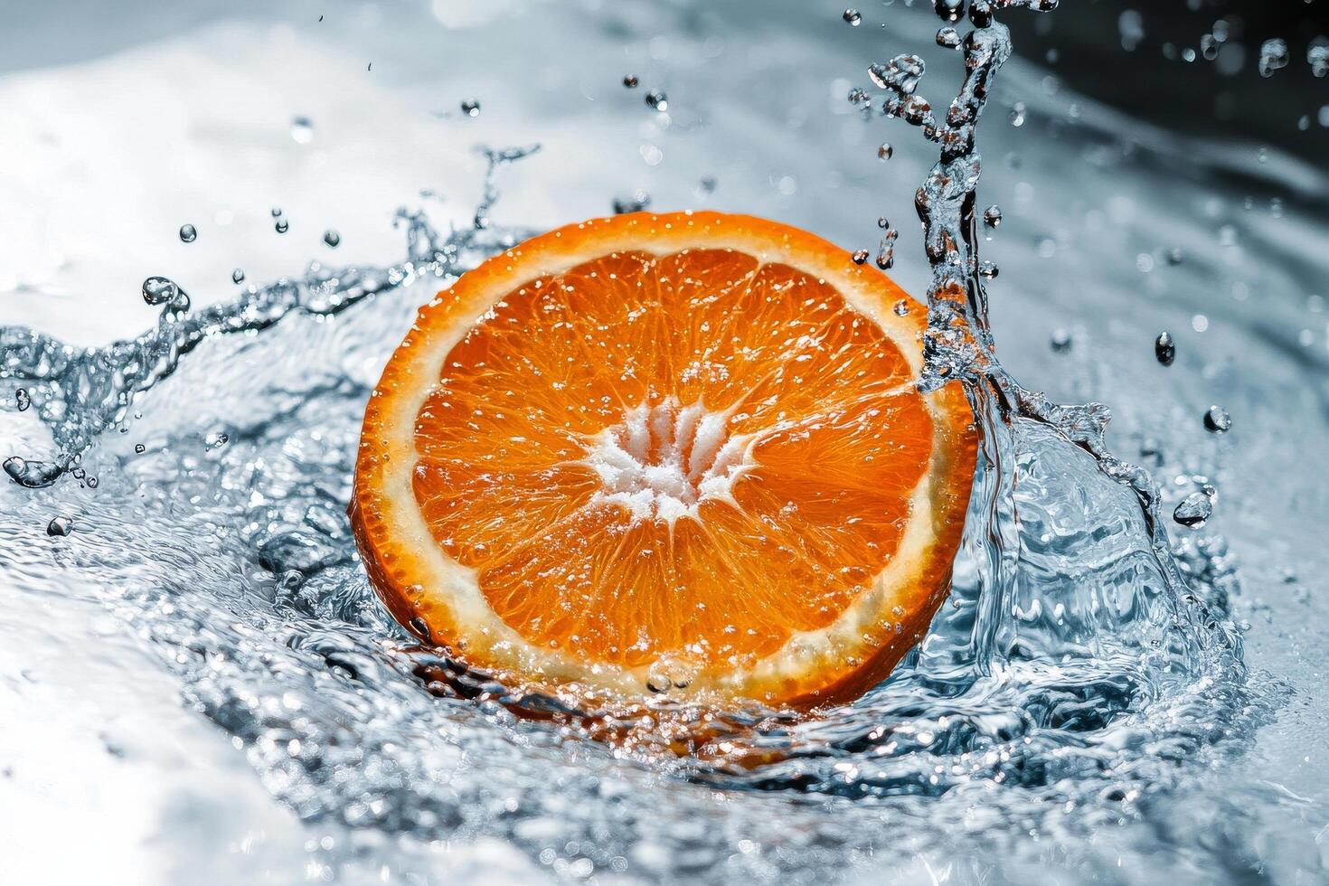 Splashes of Water Surround a Fresh Orange Slice in Vibrant Outdoor Setting photo