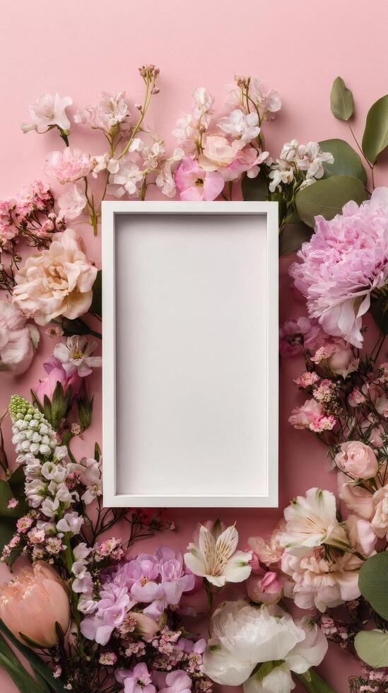 Floral Arrangement With a Blank Frame on a Pink Background for Decoration and Display photo