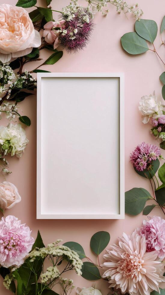 Floral Arrangement With a Blank Frame on a Pink Background for Decoration and Display. photo