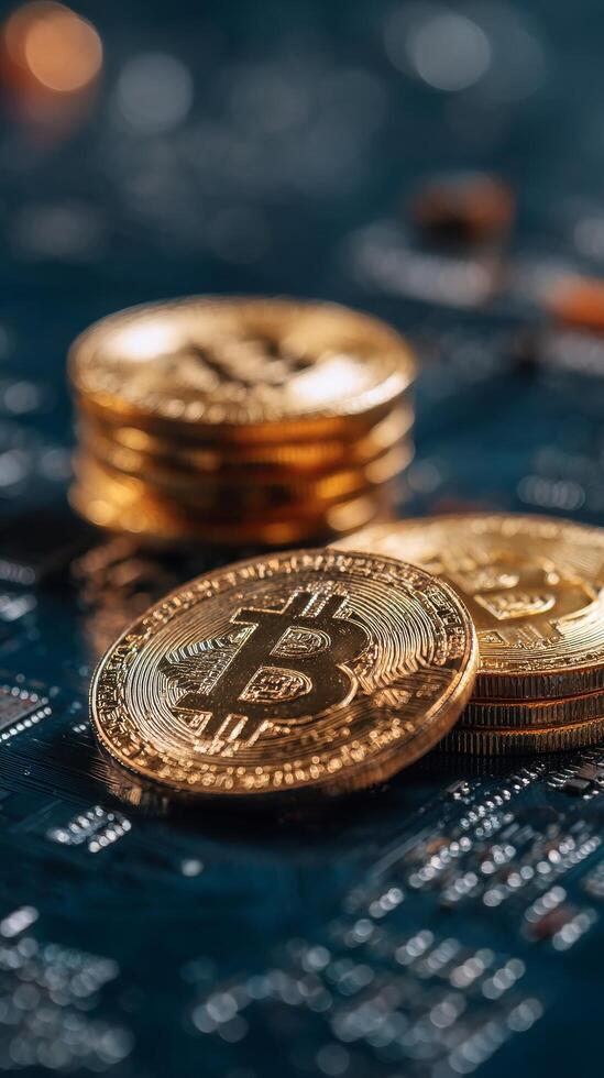 Cryptocurrency Coins Stacked on a Digital Circuit Board Background Showcasing Modern Finance Technology photo