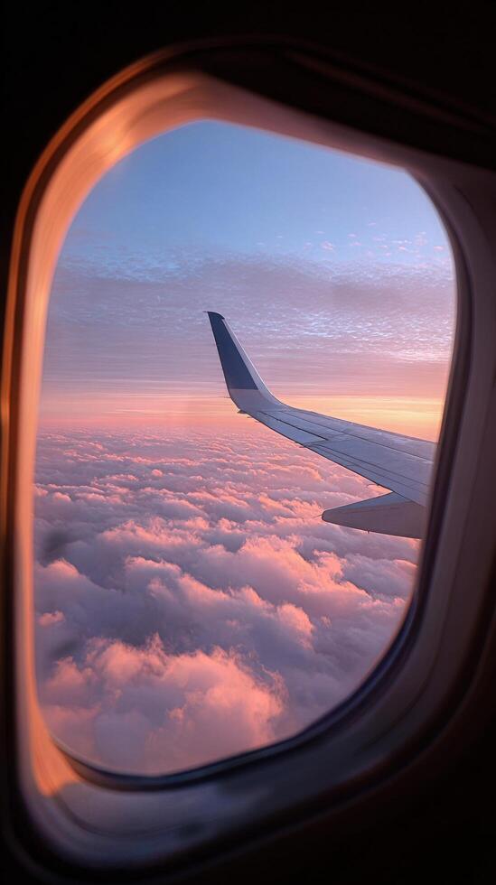 Beautiful Sunset View From Airplane Window Over Clouds During Flight. photo