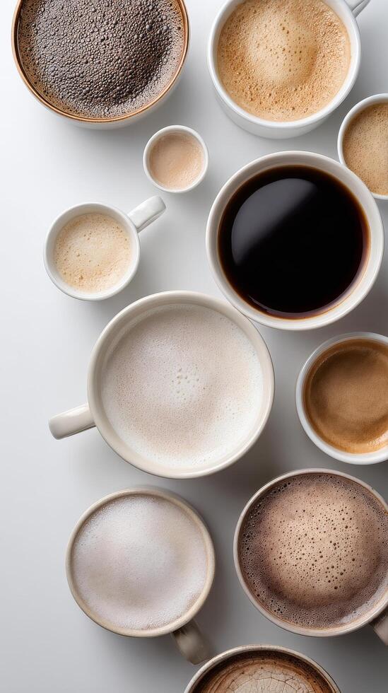 Variety of Coffee Cups Arranged on a Table Showcasing Diverse Beverages in a Cozy Setting photo