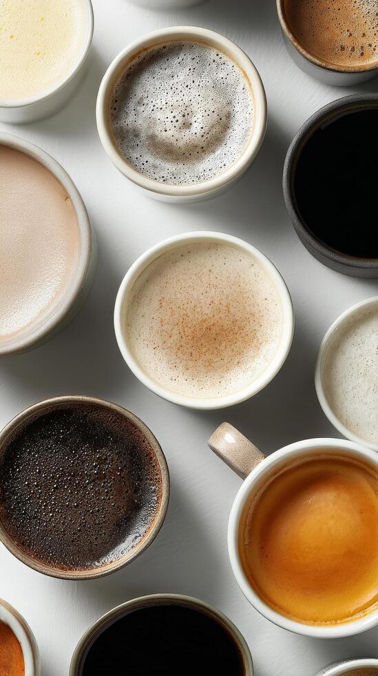 Variety of Coffee Cups Arranged on a Table Showcasing Diverse Beverages in a Cozy Setting. photo