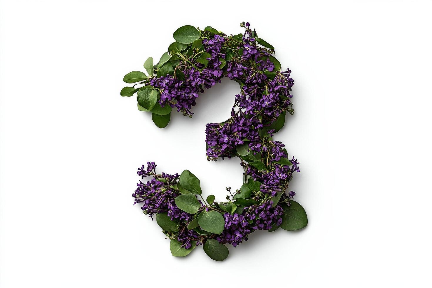 Purple Flowers Shaped as the Number Three on a White Background for Decorative Purpose. photo
