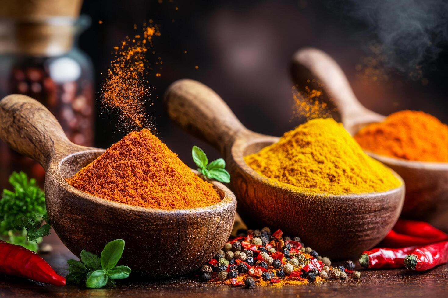 Colorful Spices Arranged in Wooden Bowls on a Dark Background for Culinary Inspiration photo