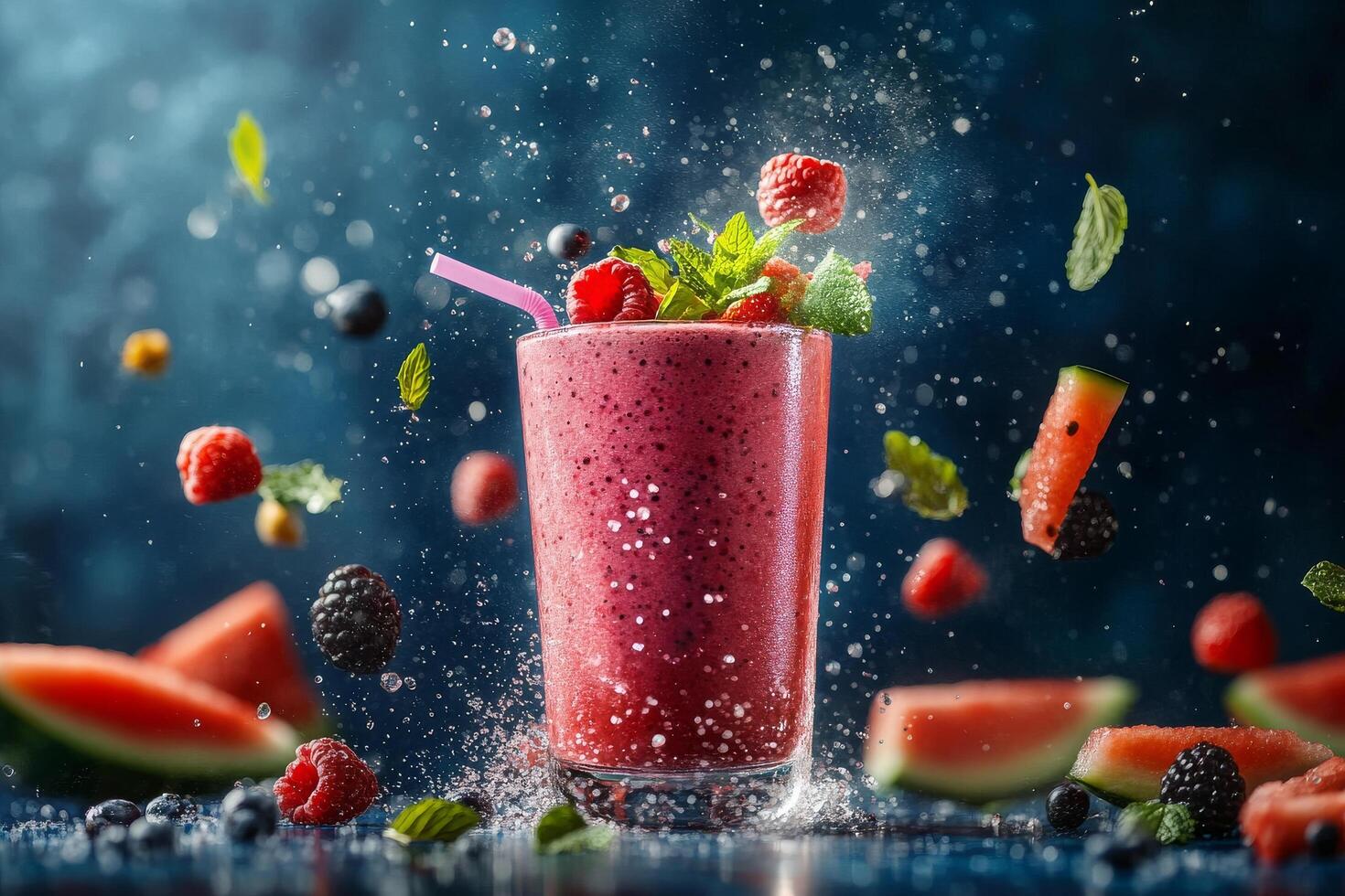 Refreshing Berry Smoothie With Watermelon and Mint Garnished on a Blue Background. photo