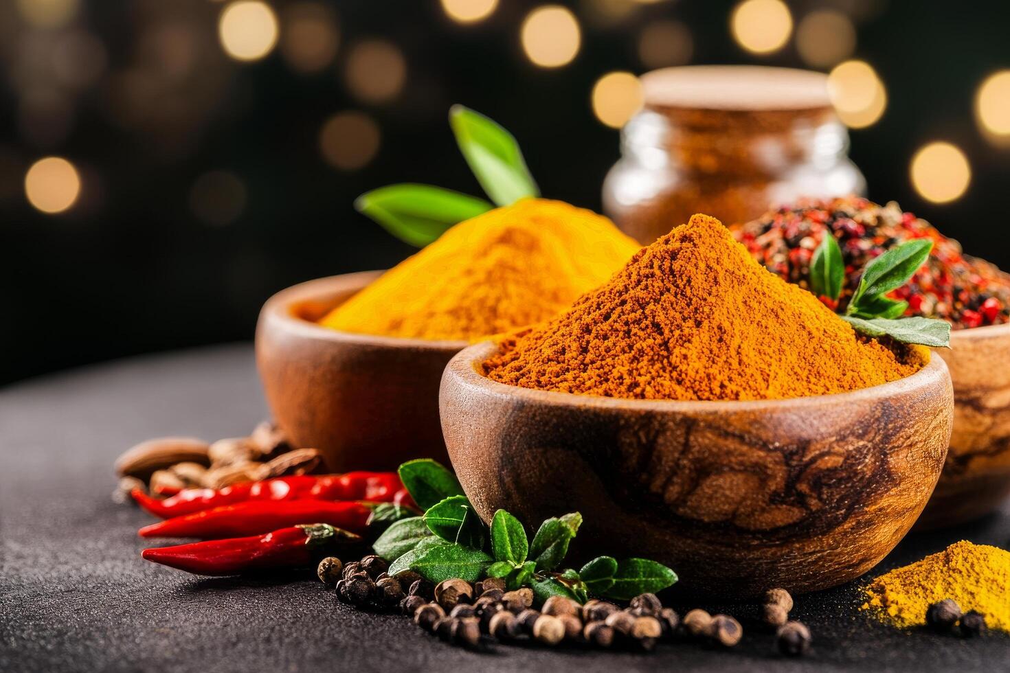 Colorful Spices Arranged in Wooden Bowls on a Dark Background for Culinary Inspiration. photo