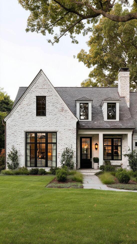 Charming White Brick House With Large Windows and Green Front Yard at Sunset photo