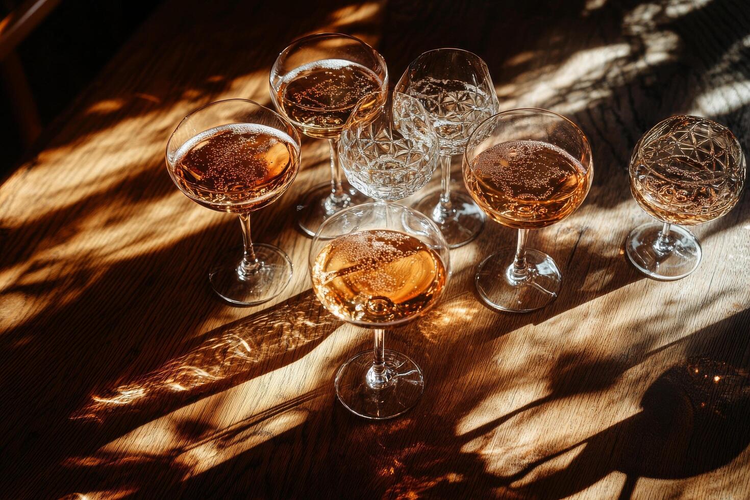 Elegant Cocktail Glasses Arranged on Wooden Table With Light Reflections in Cozy Indoor Setting photo