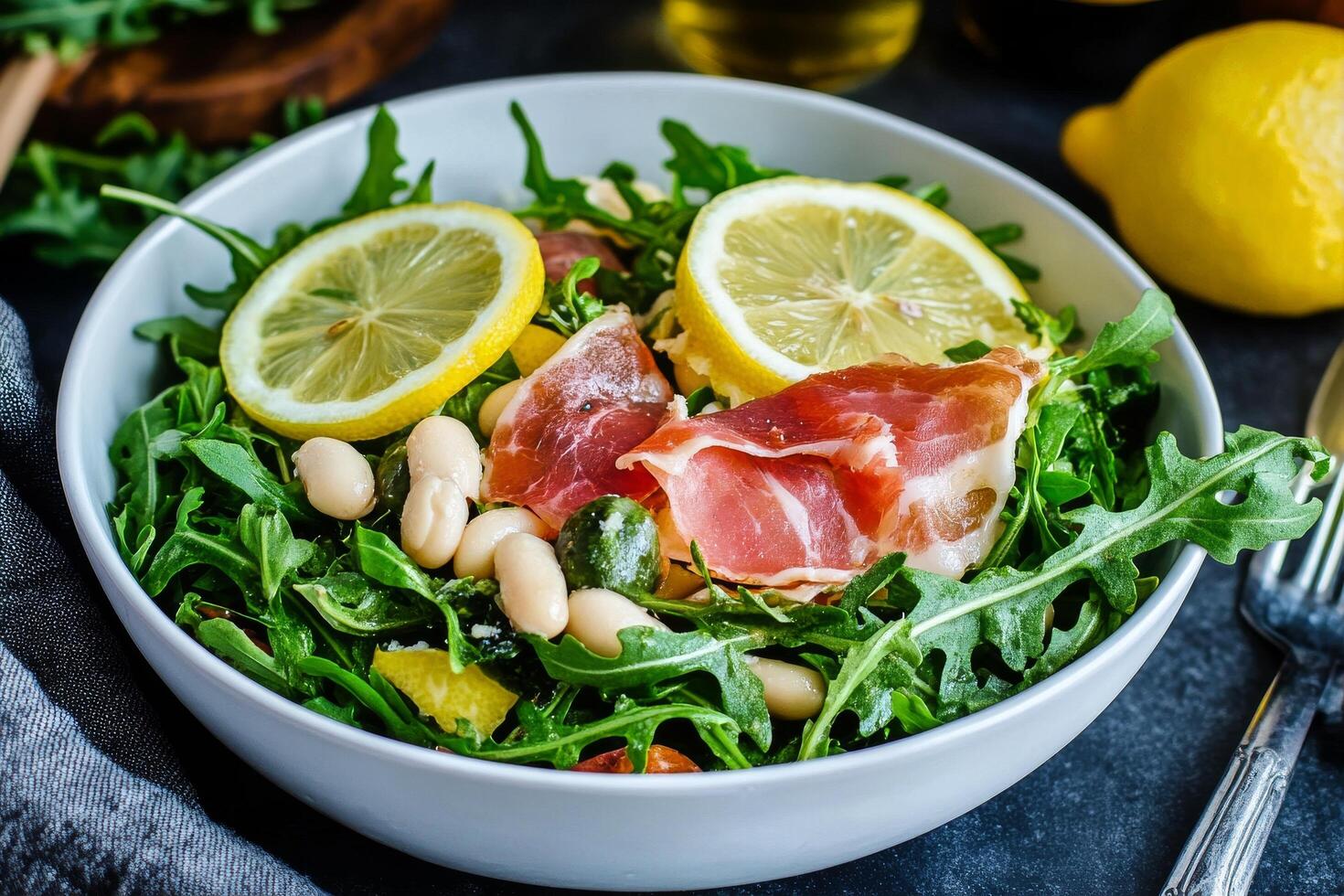 Fresh Salad With Arugula, Tomatoes, Prosciutto, and Lemon Slices on a Wooden Table. photo