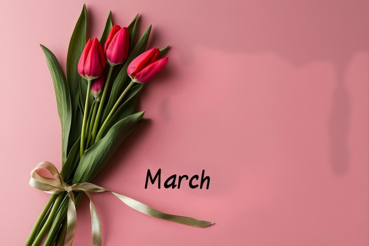 Colorful Bouquet of Tulips With Pink Background Celebrating the Arrival of March. photo