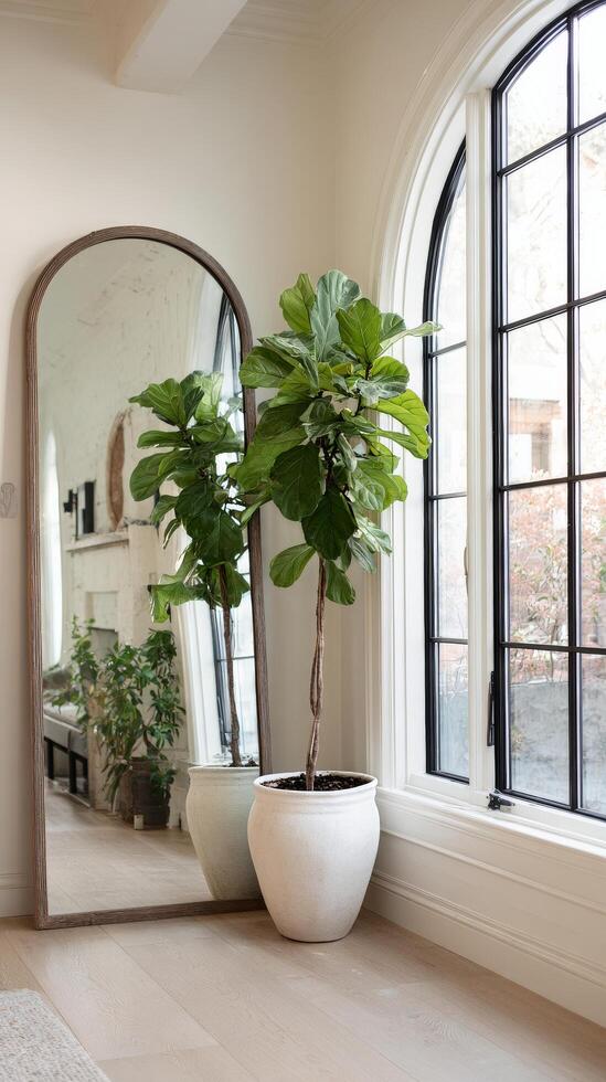 Bright Interior With a Fiddle Leaf Fig Plant Beside a Large Mirror Near an Elegant Window photo
