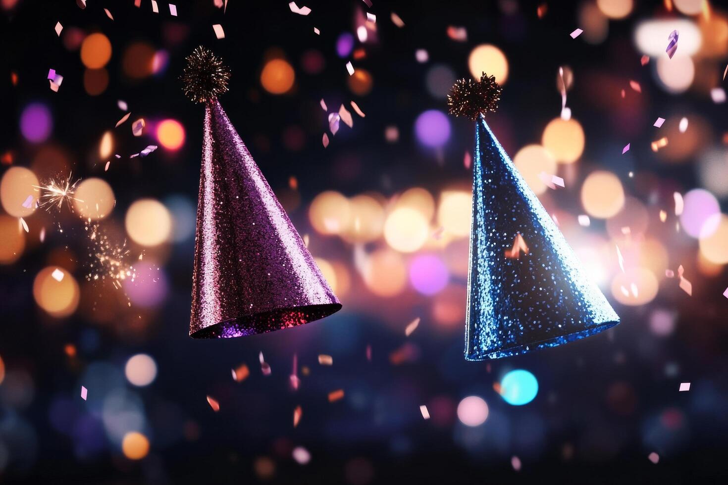 Colorful Party Hats With Confetti and Light Bokeh for Festive Celebration photo