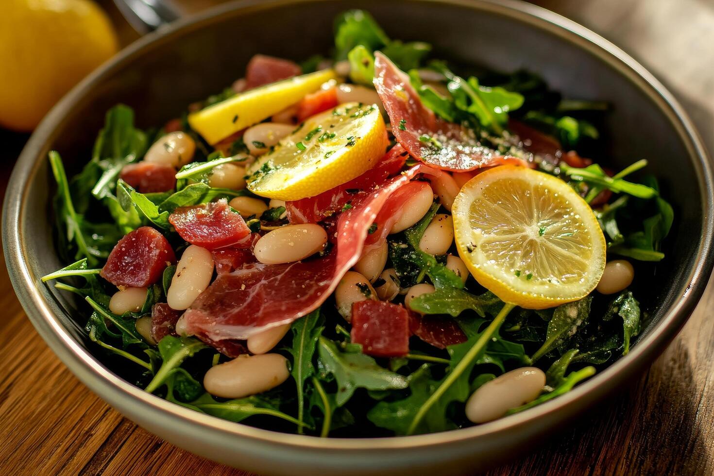 Fresh Arugula Salad With Lemon and Prosciutto on a Wooden Table. photo