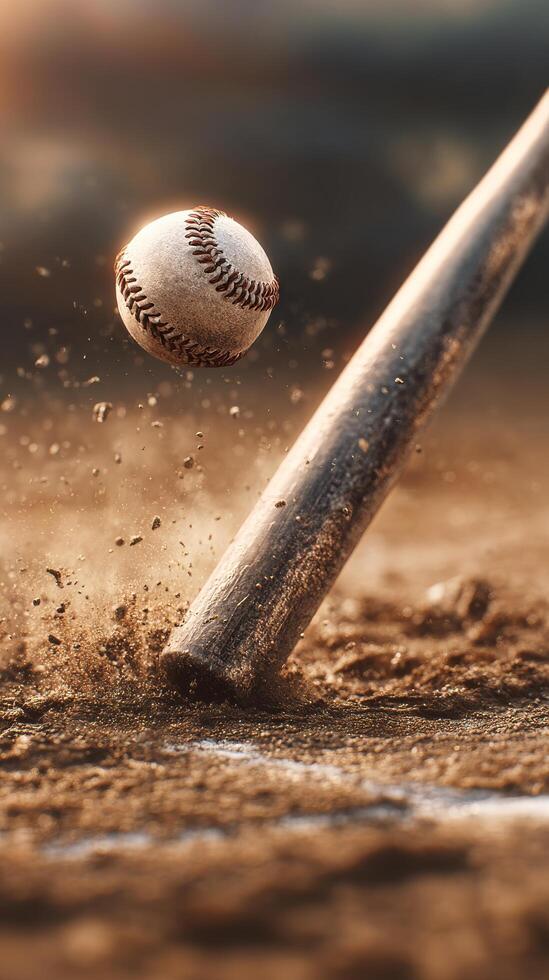 Baseball Bat Strikes Ball in Action on a Dusty Field During Sunset. photo