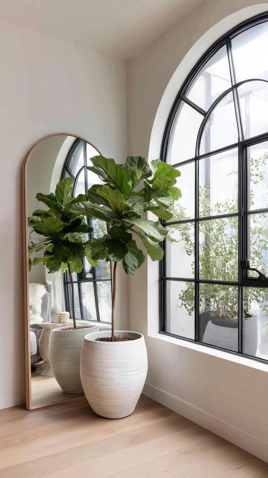Bright Interior With a Fiddle Leaf Fig Plant Beside a Large Mirror Near an Elegant Window. photo