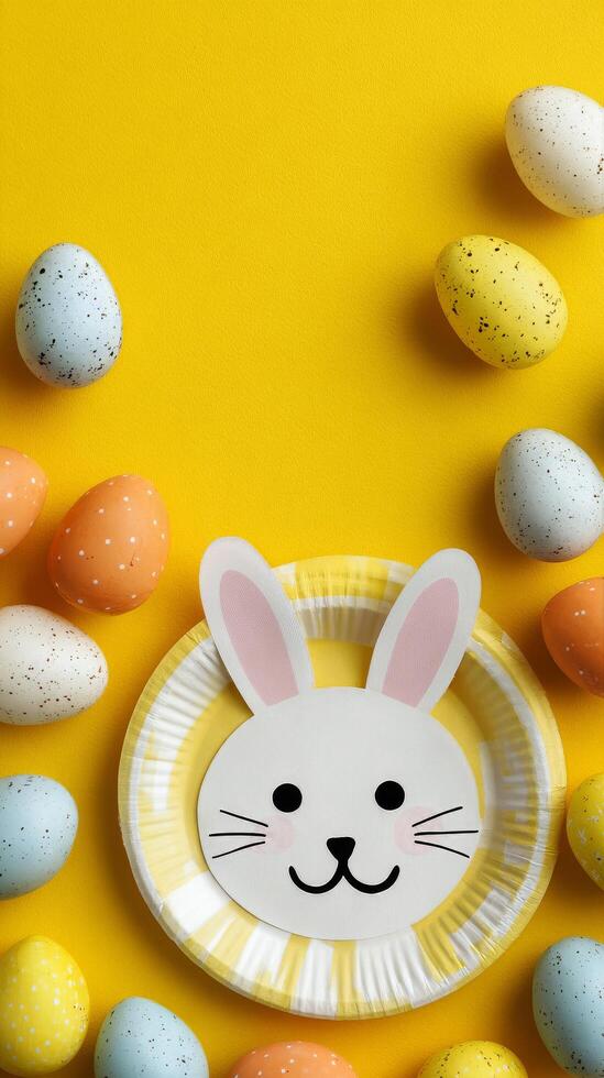 Creative Easter Bunny Plate With Colorful Eggs on Bright Yellow Background. photo
