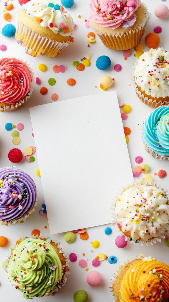 Colorful Cupcakes Arranged Around a Blank Card for a Festive Celebration photo