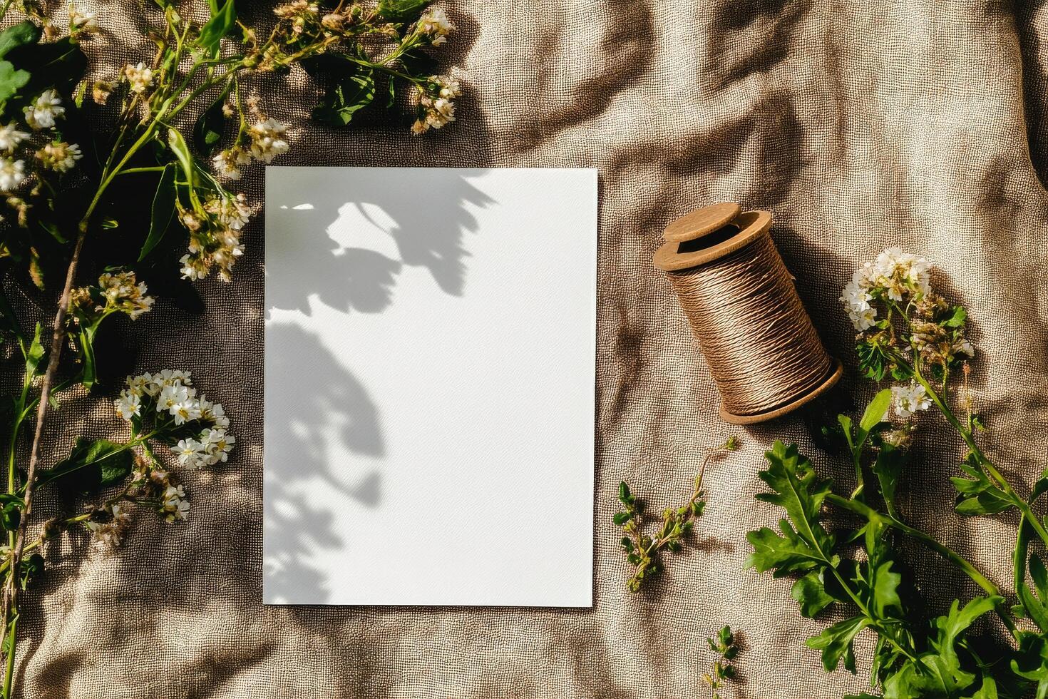 Crafting Invitations With Blank Stationery and Natural Elements at a Creative Workspace. photo