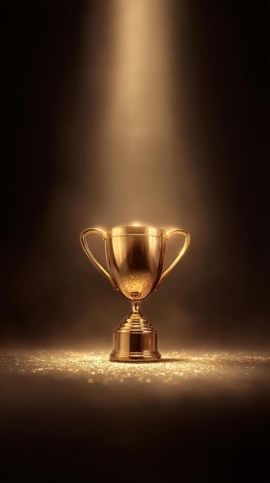 Shining Golden Trophy Illuminated by Soft Light Against a Dark Background Showcasing Achievement and Success photo