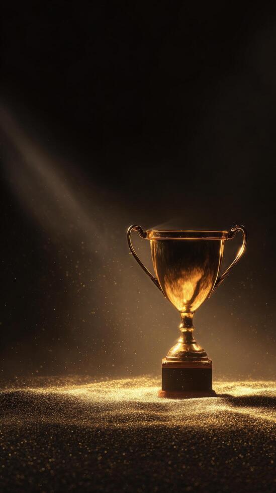 Shining Golden Trophy Illuminated by Soft Light Against a Dark Background Showcasing Achievement and Success. photo