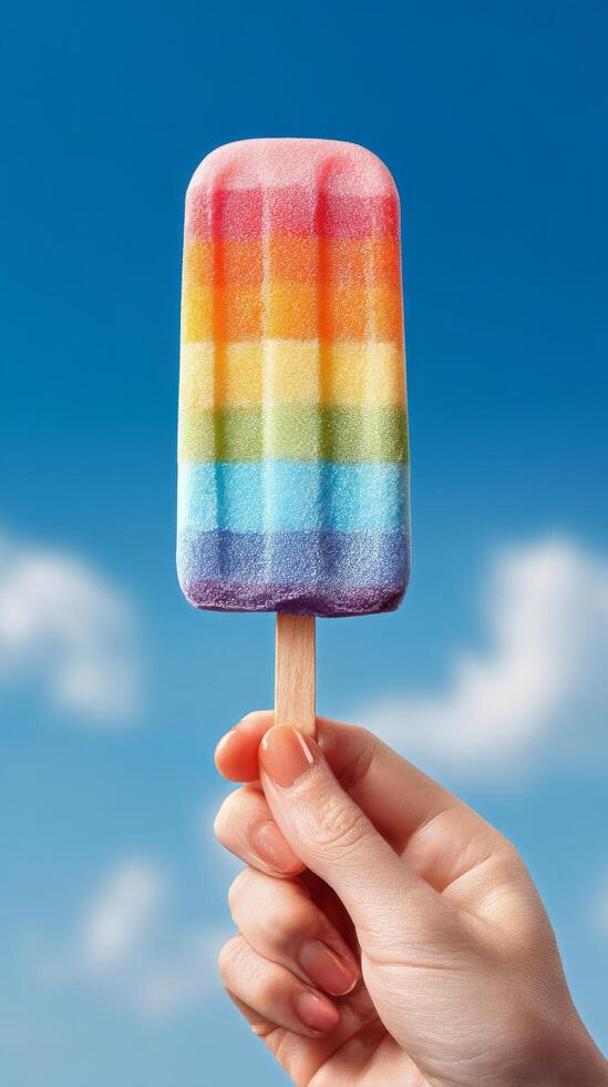 Colorful Rainbow Popsicle Held Against a Bright Blue Sky With Fluffy Clouds photo